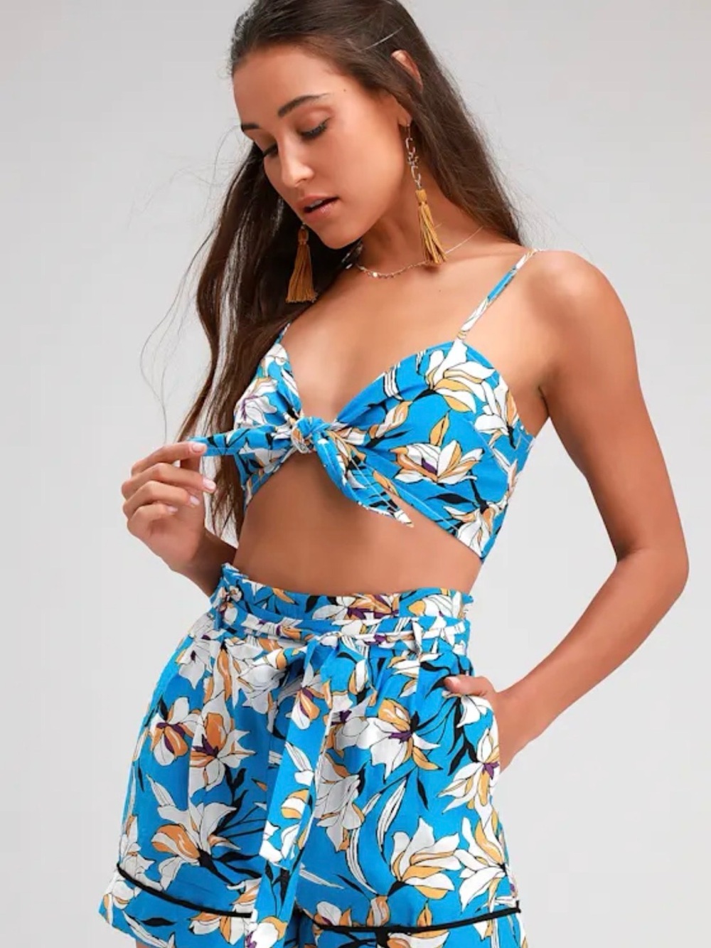 J.O.A. Lapa Blue Floral Tie-Front Crop Top and Shorts Set